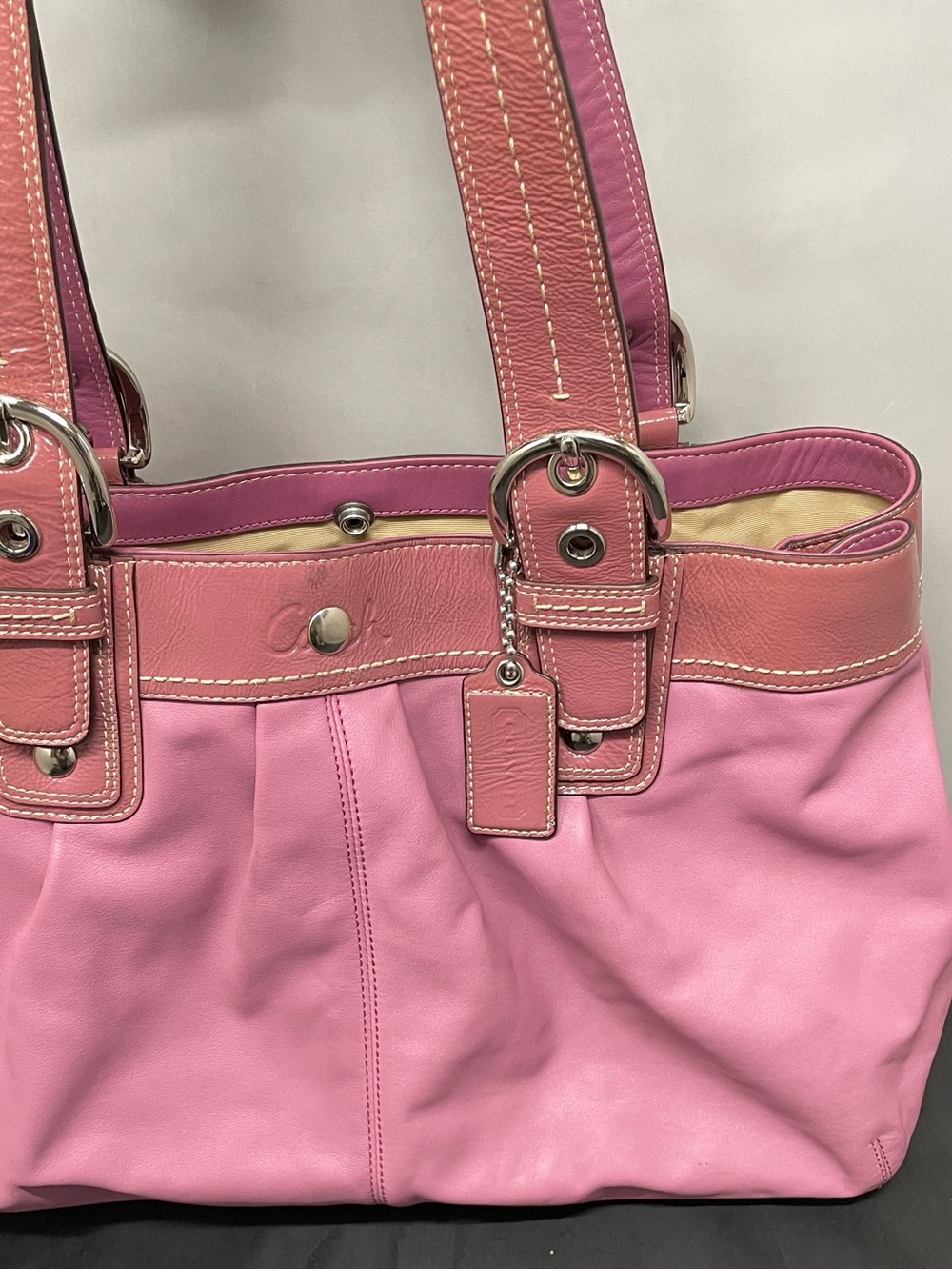 Coach Pink Two-Tone Leather Shoulder Tote